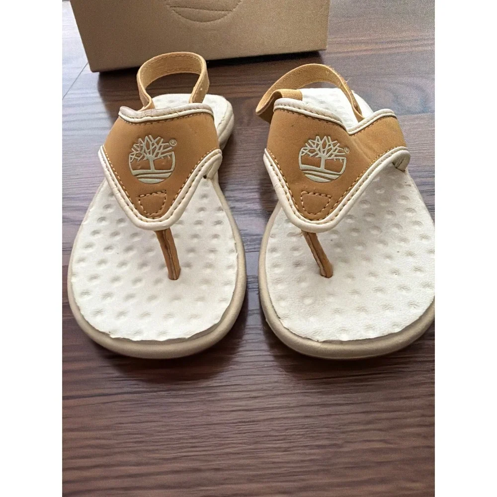 Timberland Kids Thong Sandals Wheat Cream Elastic Back Strap Logo Size 12